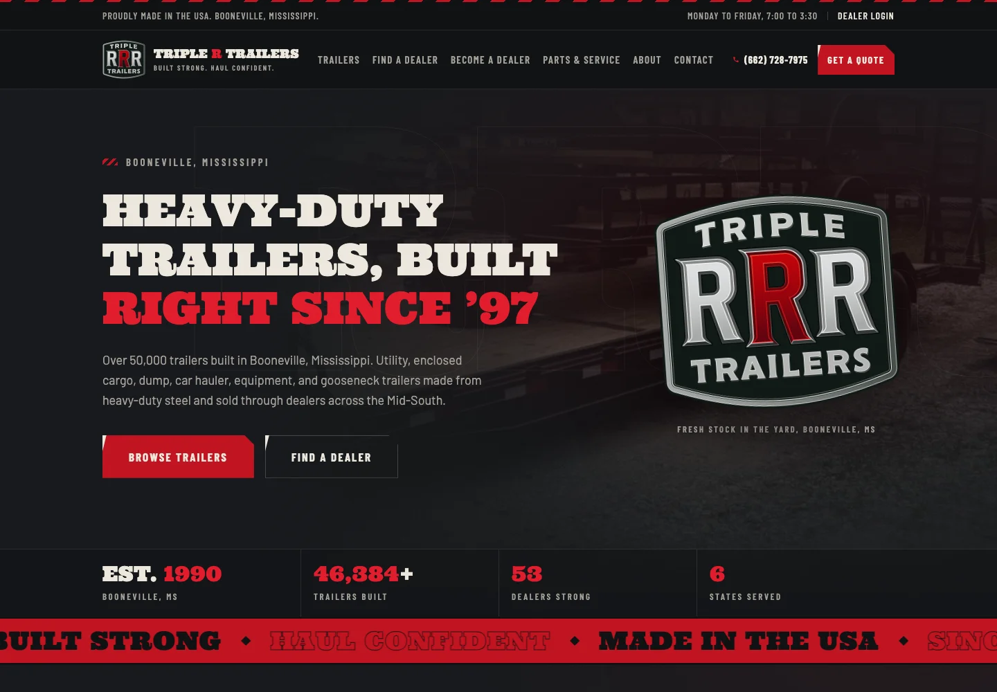 Desktop homepage of Triple R Trailers